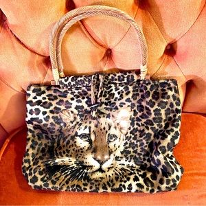 Vintage beaded velvet leopard purse with wicker handles